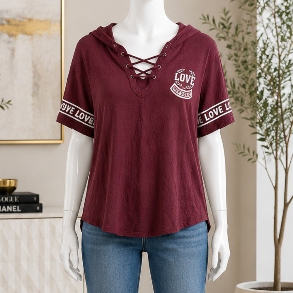On Fire Womens Hooded T-Shirt Burgundy Lace Up Love Republic Graphic Large